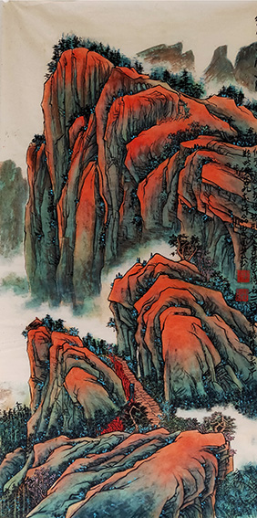 李金庆作品 浅绛山水《华山仙掌岩》  题注：仙掌岩山势峻拔，形如手掌而得名   2014年腊月二三小年  规格：138x69cm